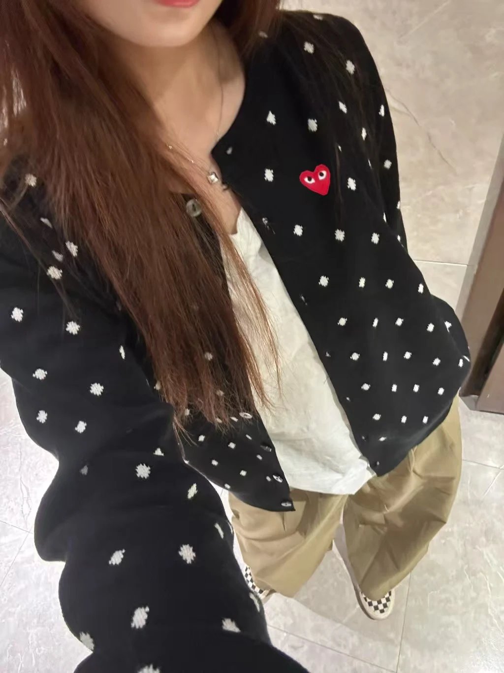 Comme des Garçons Play Polka Dot Cardigan with Red Heart Patch Black - 6
