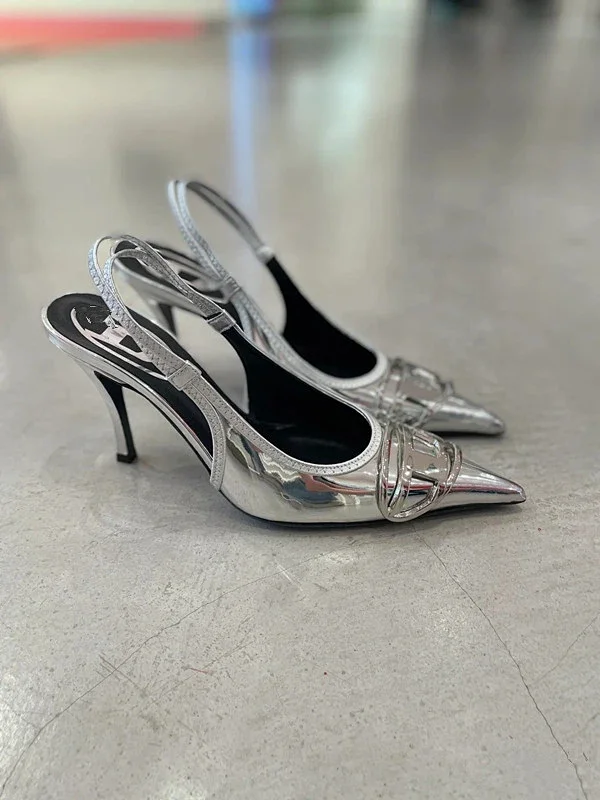 Unbranded High Heels Silver pointed-toe slingback stiletto with metal buckle detail product detail image 2