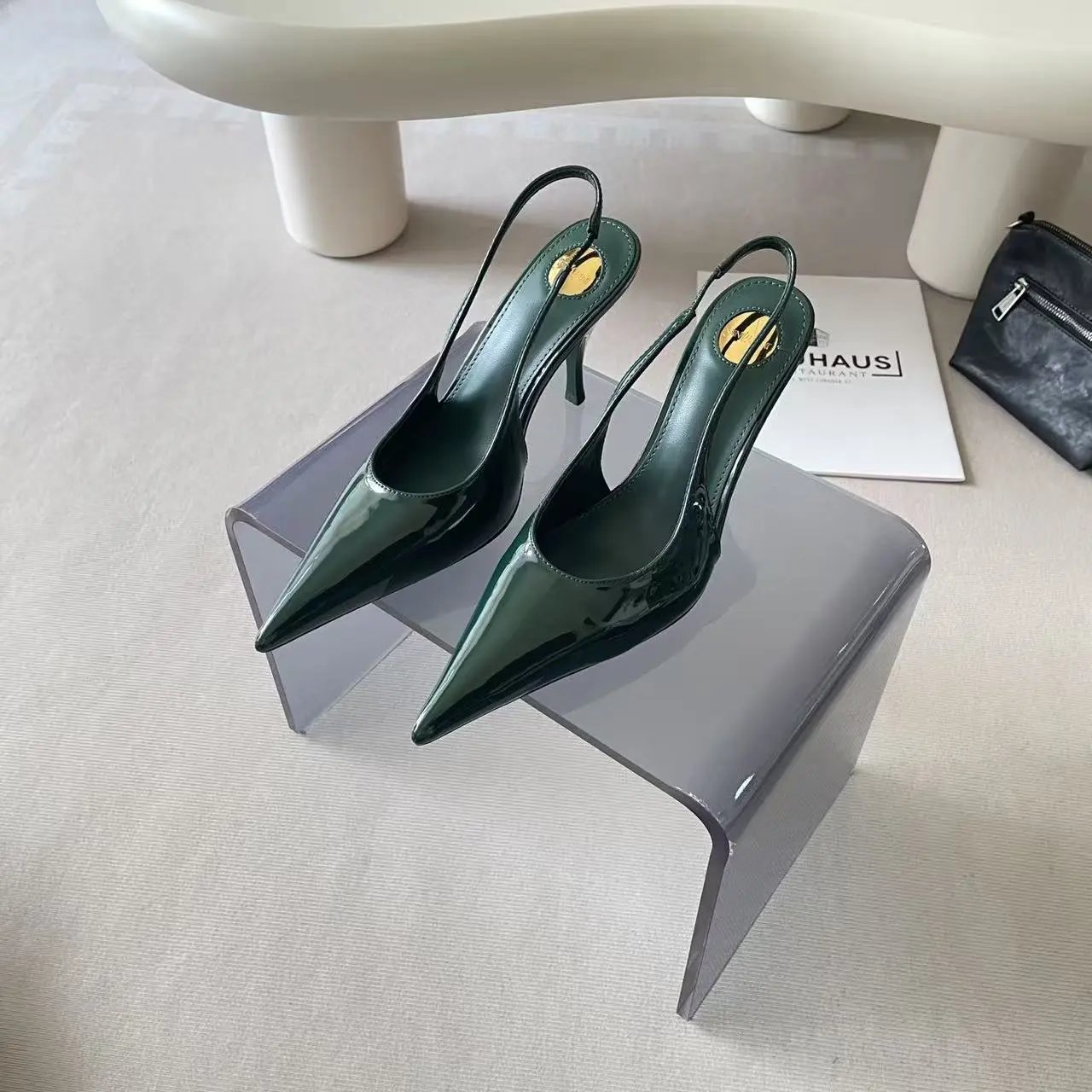 Unbranded High Heels Patent Pointed-Toe Slingback Stiletto — Green