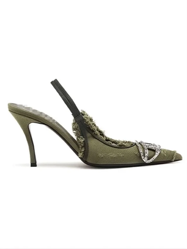 Gucci High Heels Frayed Denim Crystal Double G Slingback Pumps product detail image 6