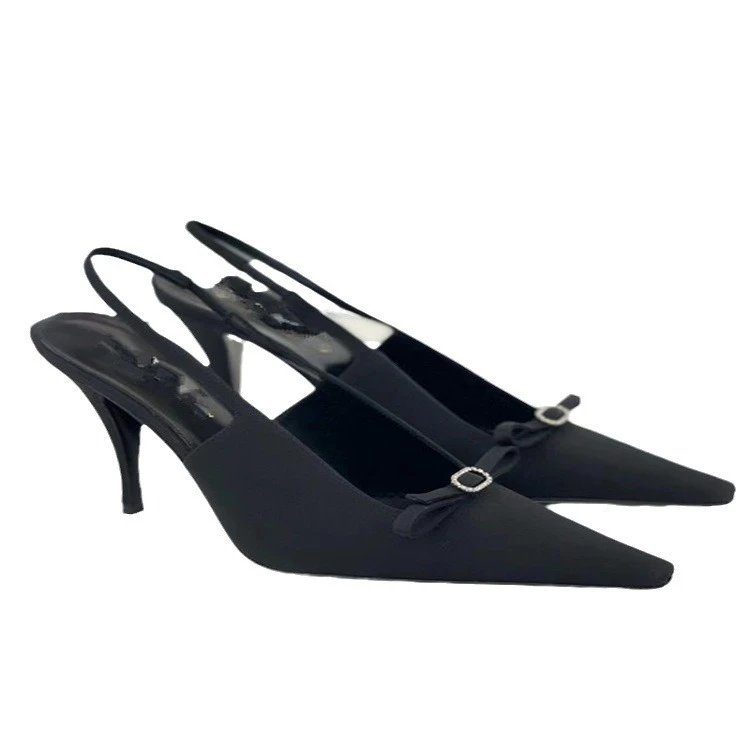 Unbranded High Heels Black satin slingback stiletto with pointed toe and crystal buckle bow image 5
