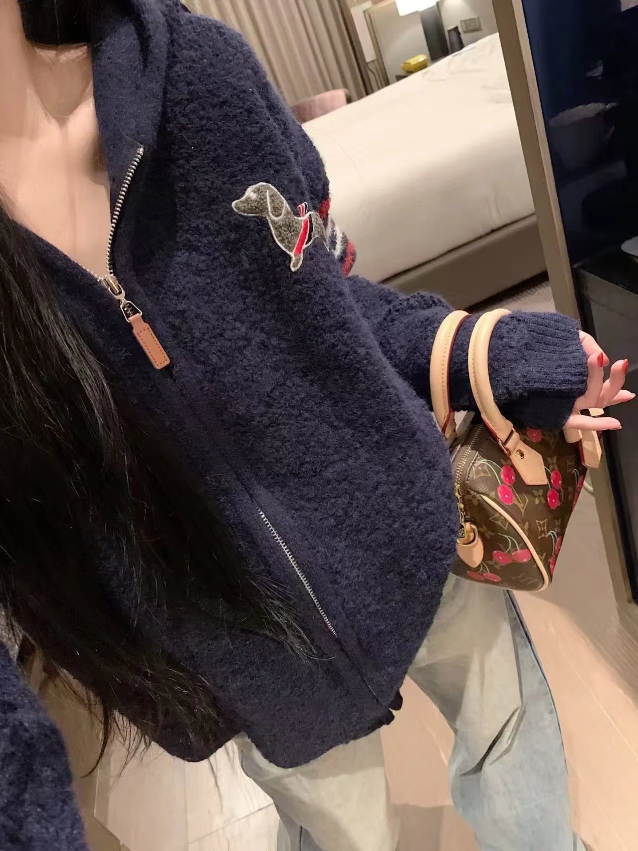 Thom Browne x Dog Motif Sherpa Hoodie in Navy and Ivory - 9