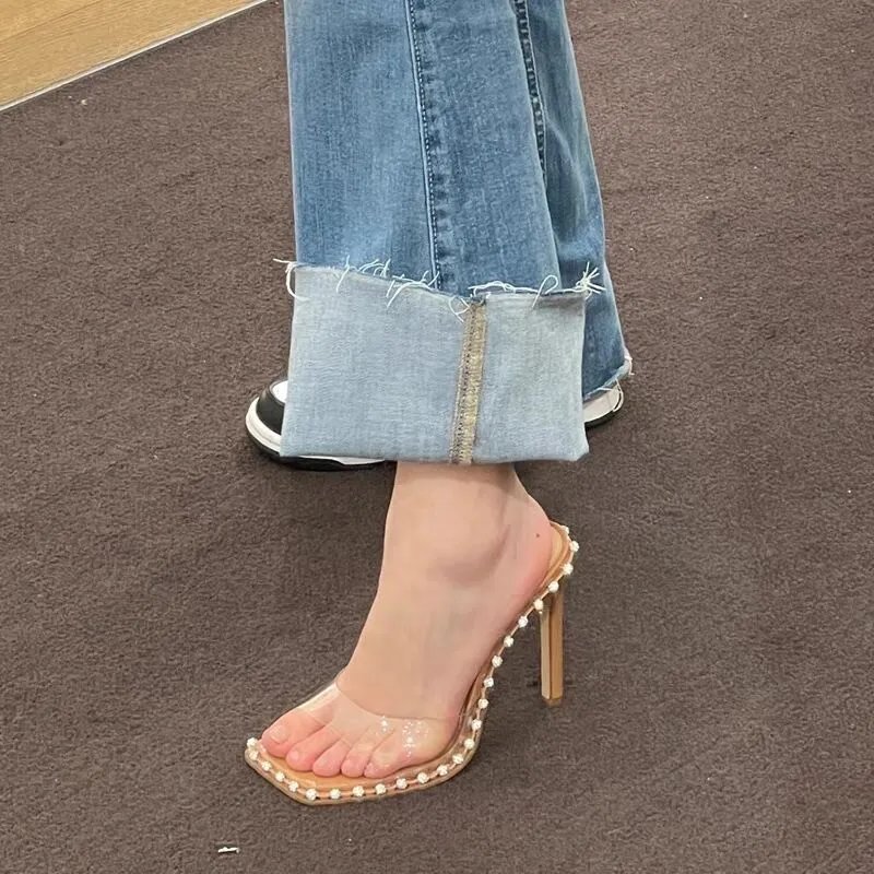 Unbranded High Heels Transparent square-toe stiletto mule sandals with rhinestone trim image 3