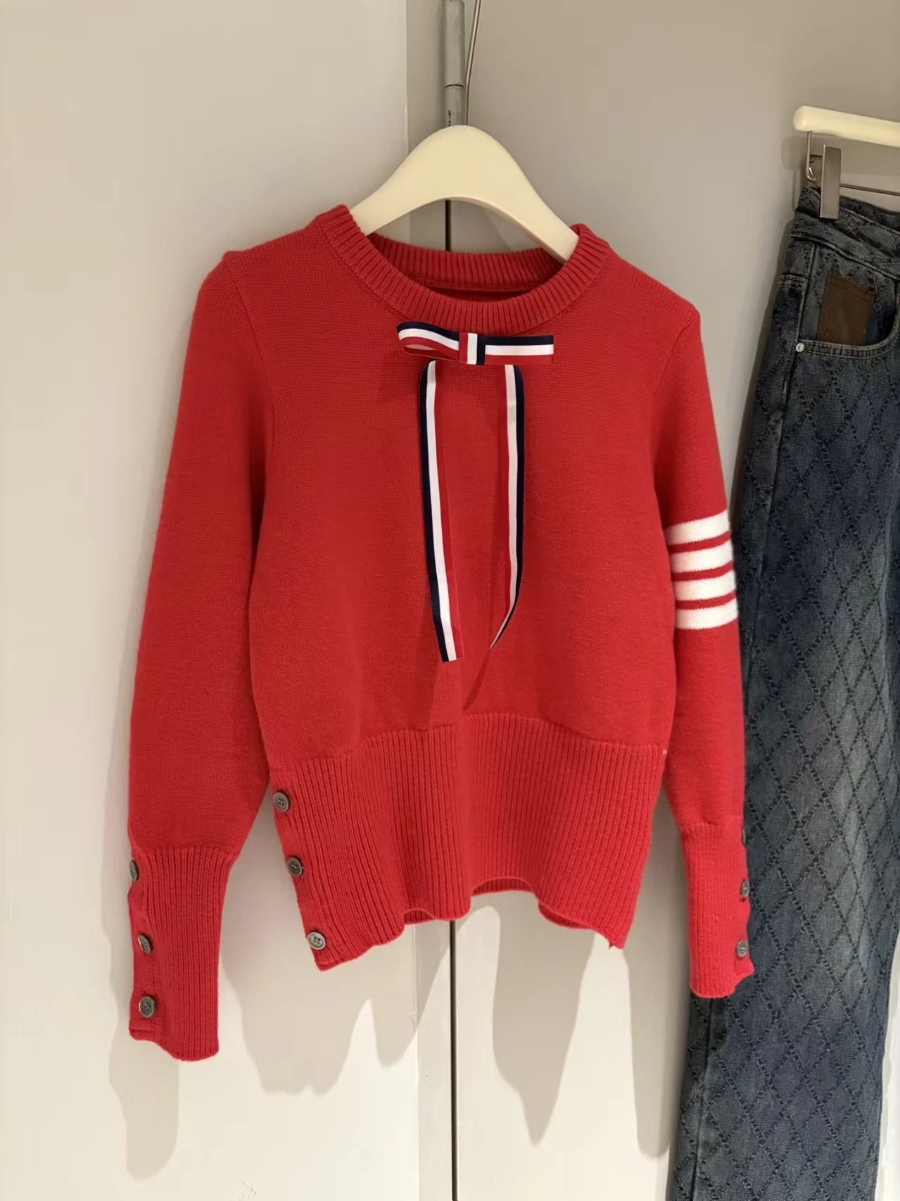 Thom Browne Red Ribbed Knit Sweater with Striped Bow and Four-Bar Cuff - 4