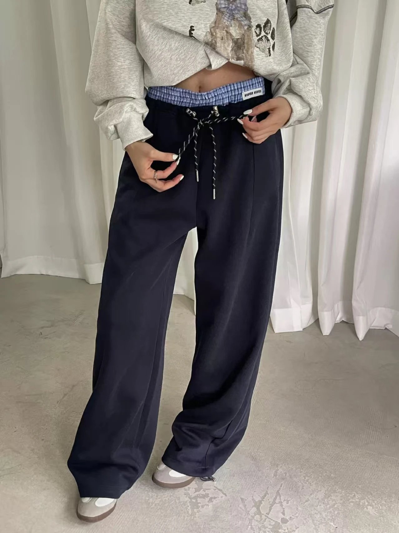 MMY Checkered Waistband Sweatpants Gray and Navy - 7