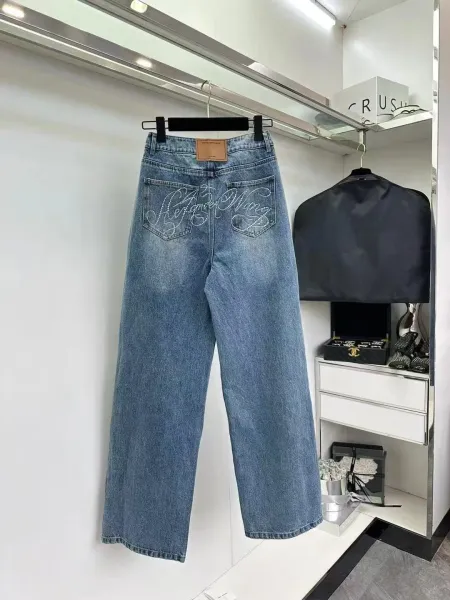 Design Wide-Leg Embroidered Denim Jeans Light Blue - 5