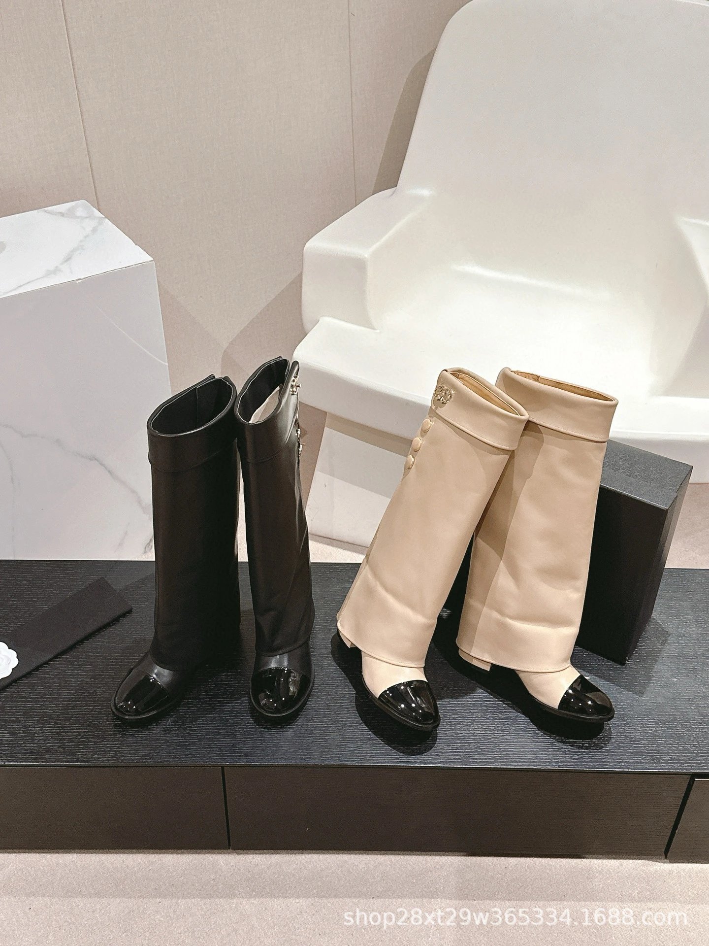 Chanel Classic Buttoned Knee-High Boot Beige and Black Patent Leather Boots - 3