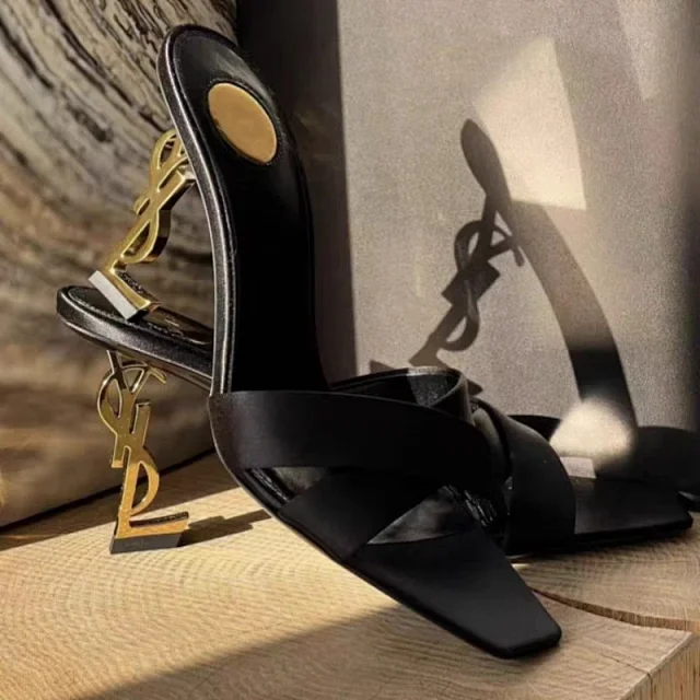Saint Laurent High Heels Cross-Strap Open-Toe Mule with YSL Logo Heel product detail image 2