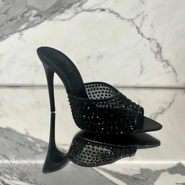 Unbranded High Heels Rhinestone Mesh Open-Toe Stiletto Mules product detail image 2