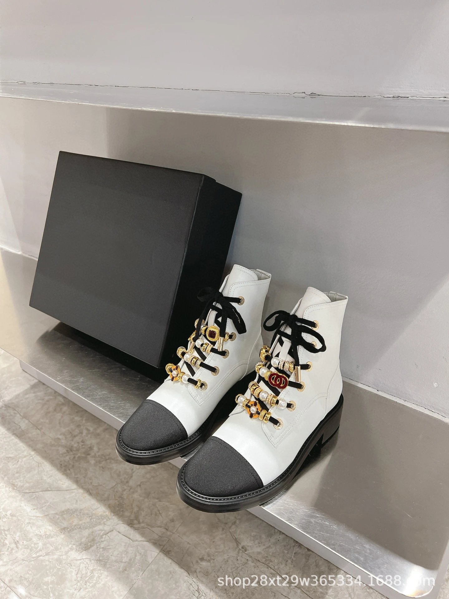 Dior Saddle Boots Black Pearl-Embellished Combat Boots - 9