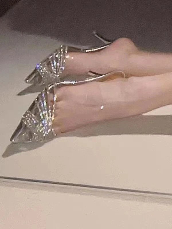 Clear Strap Crystal-Embellished Silver Stiletto Heels - 11