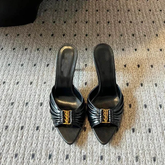 Saint Laurent High Heels Black pointed-toe pleated mule with YSL metal logo product detail image 1