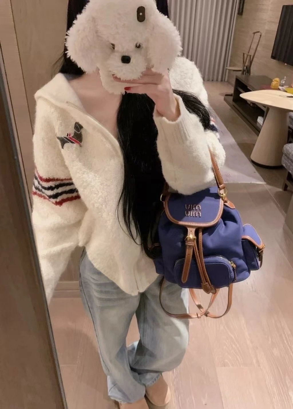Thom Browne x Dog Motif Sherpa Hoodie in Navy and Ivory - 7