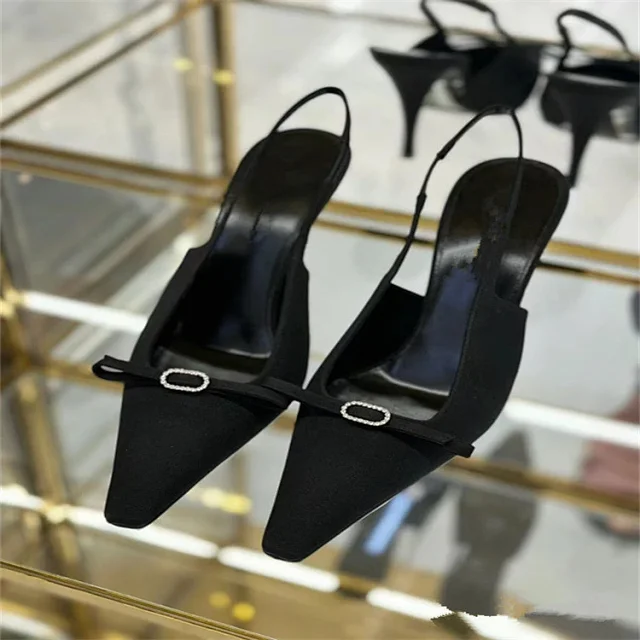Unbranded High Heels Black satin slingback stiletto with pointed toe and crystal buckle bow product detail image 3