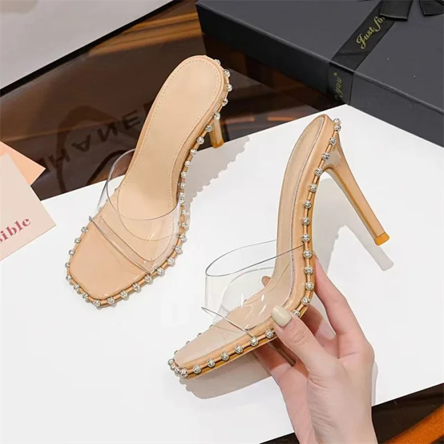 Unbranded High Heels Transparent square-toe stiletto mule sandals with rhinestone trim product detail image 1
