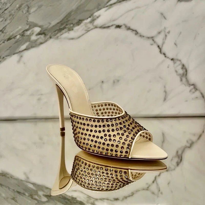 Unbranded High Heels Rhinestone Mesh Open-Toe Stiletto Mules image 1