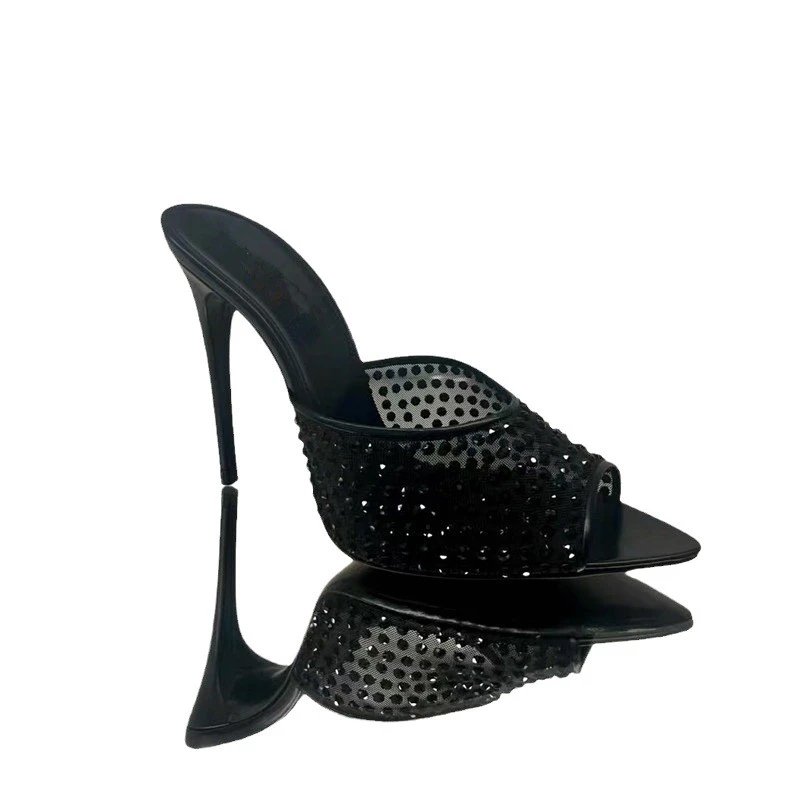 Unbranded High Heels Rhinestone Mesh Open-Toe Stiletto Mules image 5