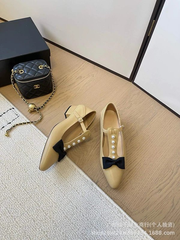 Chanel-inspired Pearl Bow Flat Beige Leather Mary Jane Shoes - 8