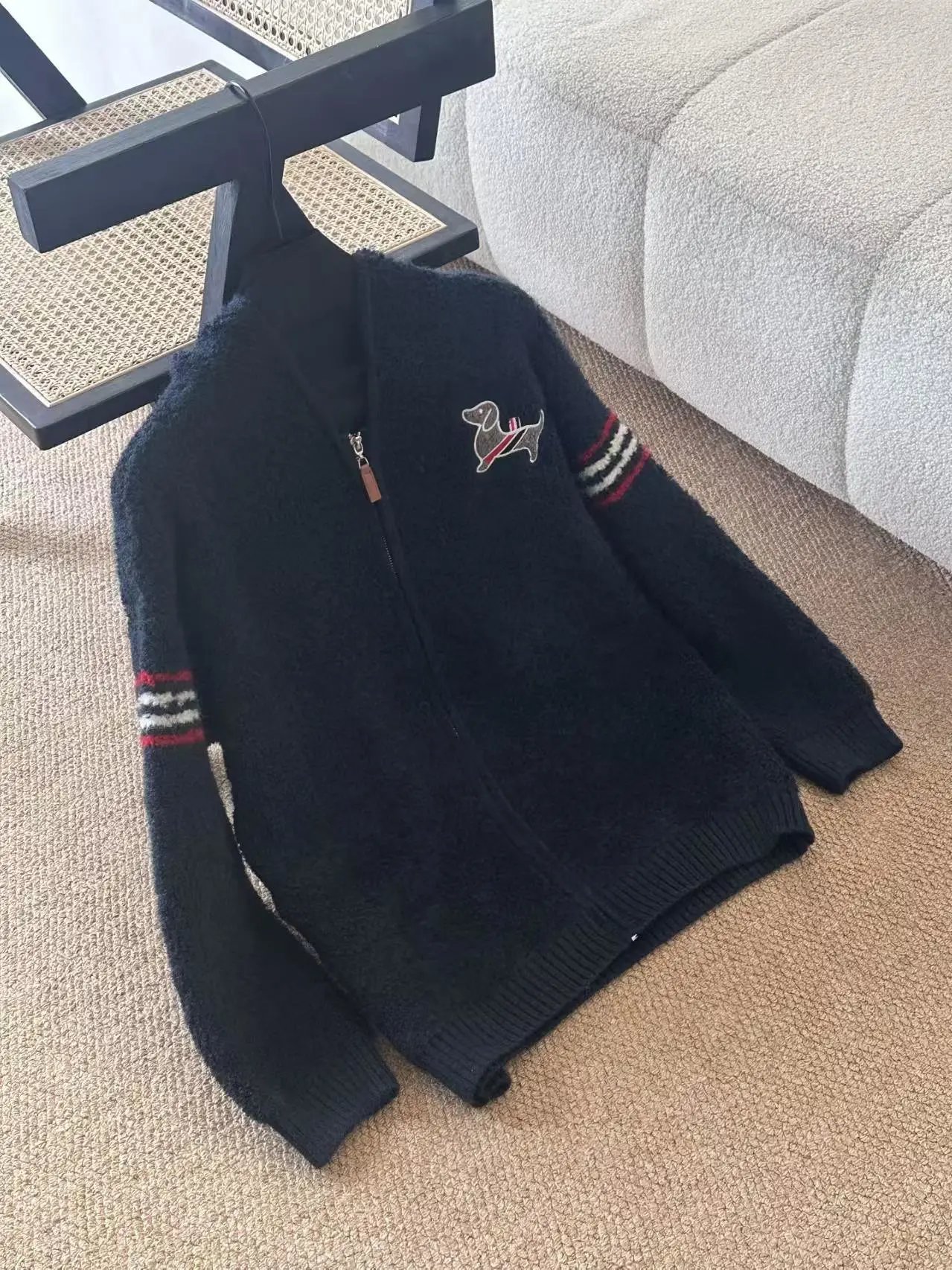 Thom Browne x Dog Motif Sherpa Hoodie in Navy and Ivory - 3