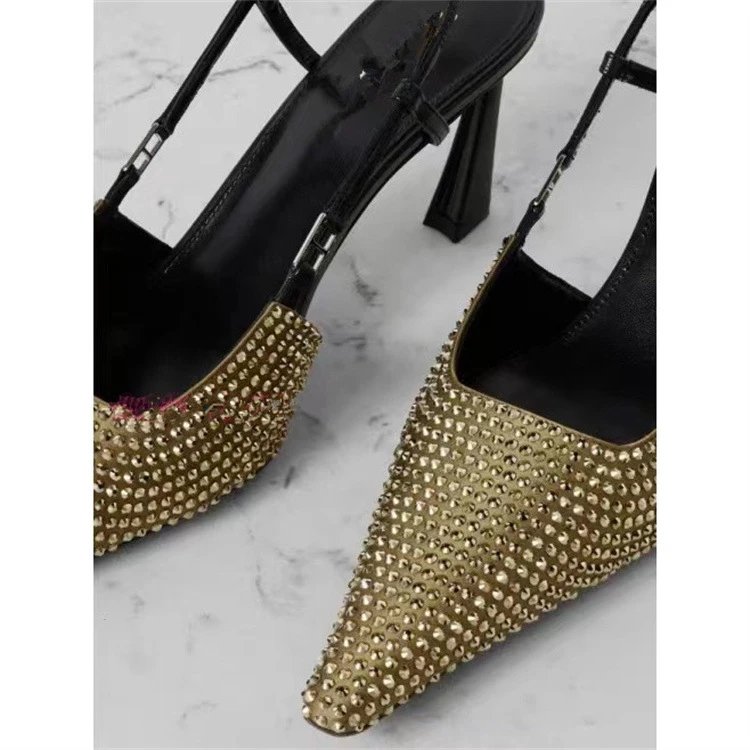 Valentino Garavani Rockstud Spike Pointed-Toe Slingback Heels in Gold and Black - 11