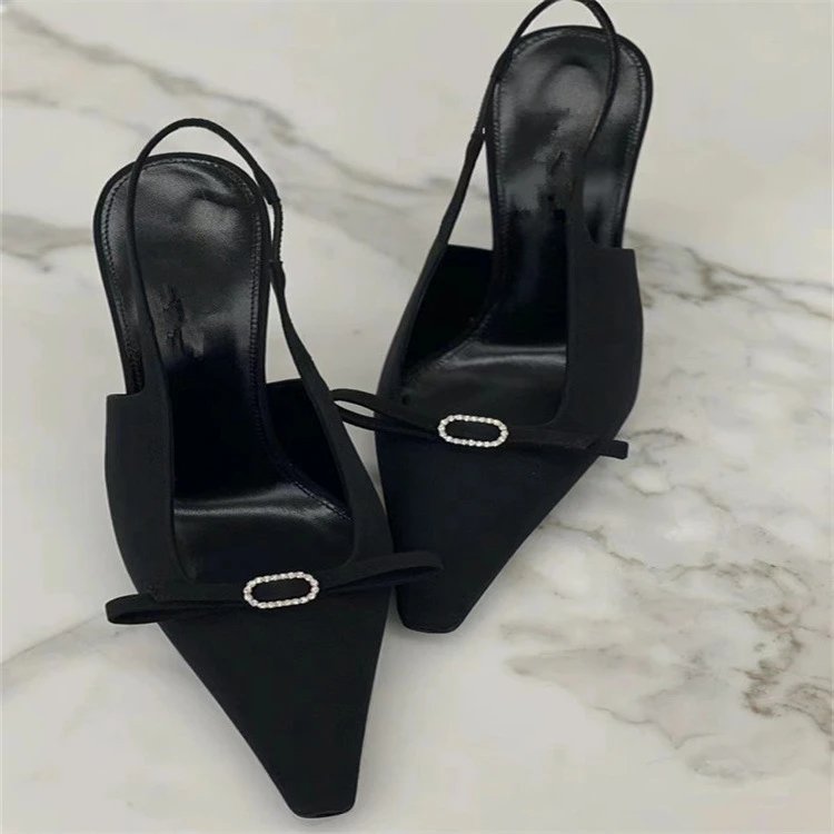 Unbranded High Heels Black satin slingback stiletto with pointed toe and crystal buckle bow image 3