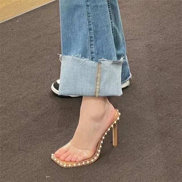 Unbranded High Heels Transparent square-toe stiletto mule sandals with rhinestone trim product detail image 4