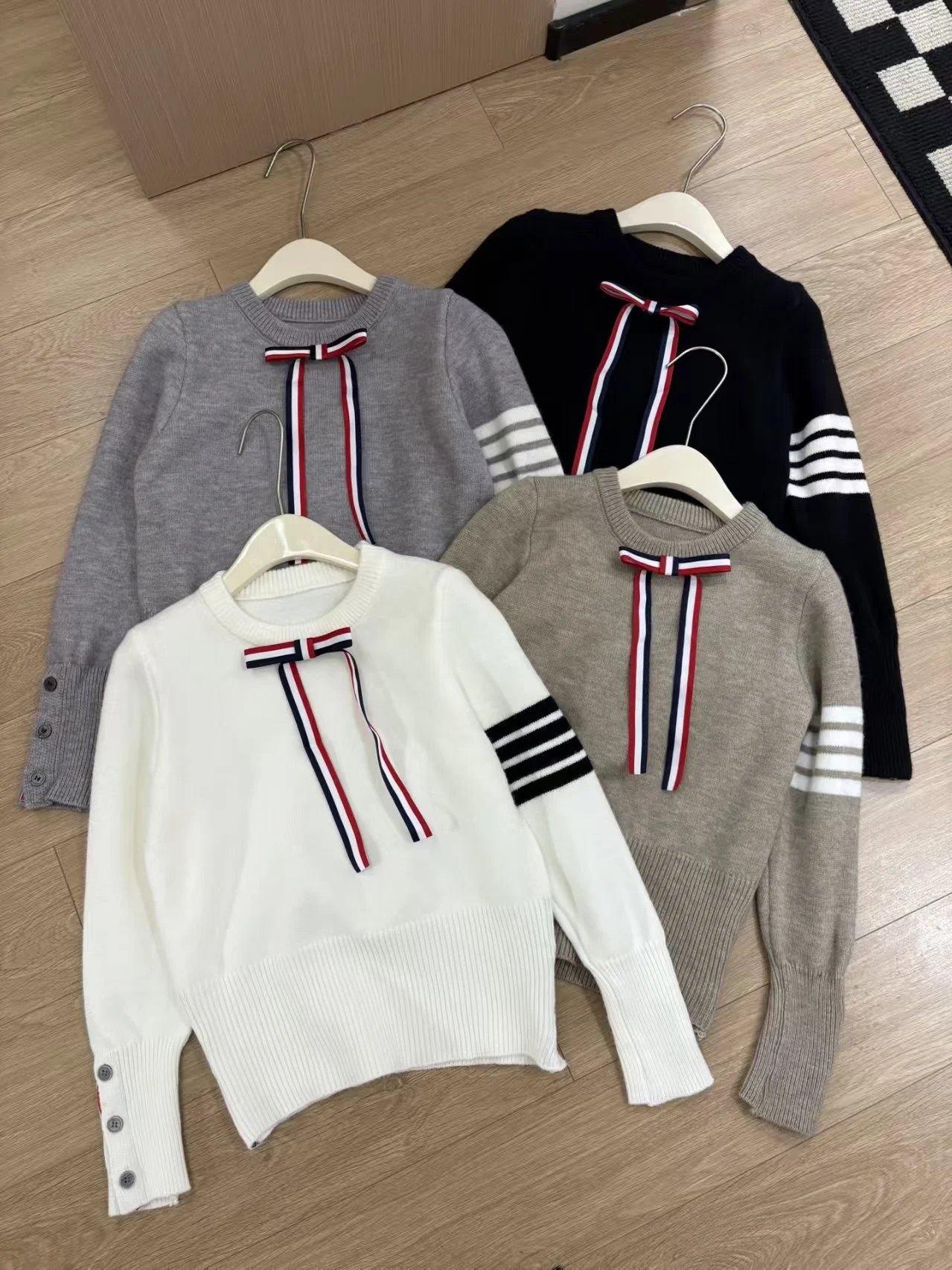 Thom Browne Red Ribbed Knit Sweater with Striped Bow and Four-Bar Cuff - 3