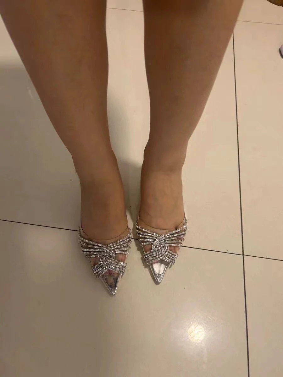 Clear Strap Crystal-Embellished Silver Stiletto Heels - 9
