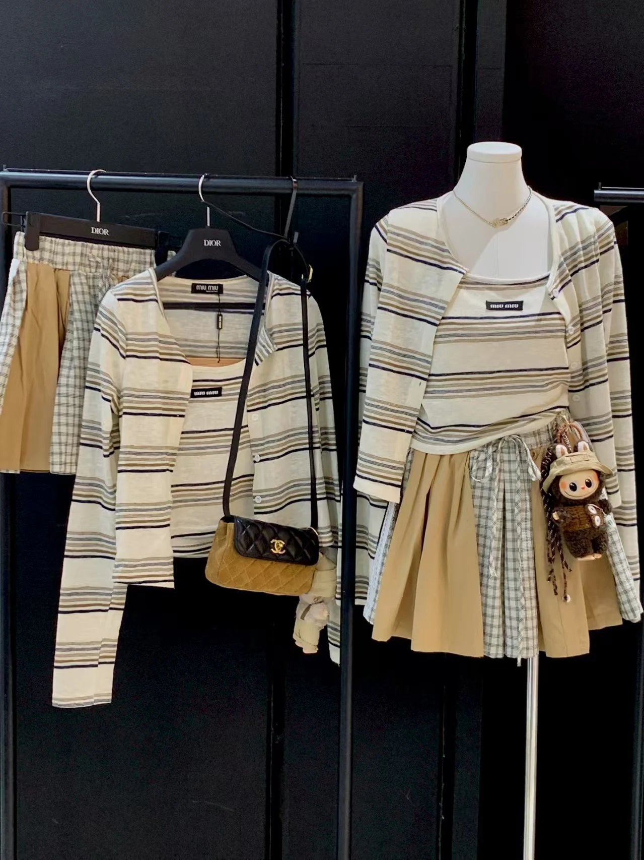 Miu Miu Striped Knit Polo Shirt and Plaid Pleated Shorts Set - 3