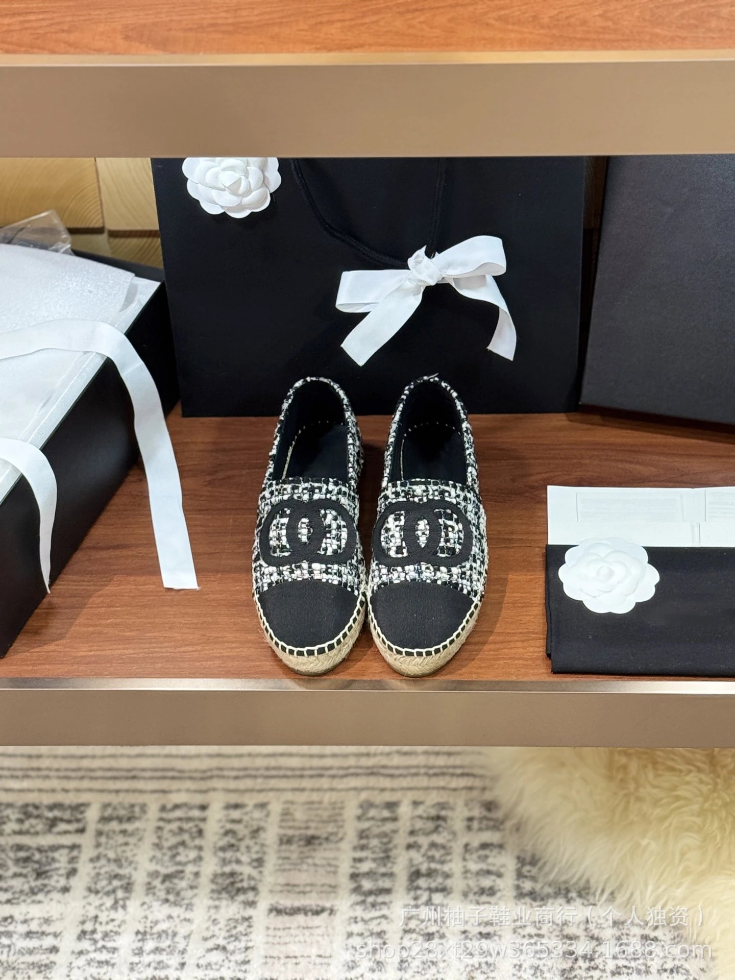 Chanel CC Logo Tweed Espadrille Loafers Gold Toe Women's Casual Shoes - 28