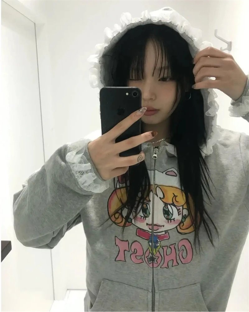 GRA Ghost Girl Ruffle Hoodie Gray - 22