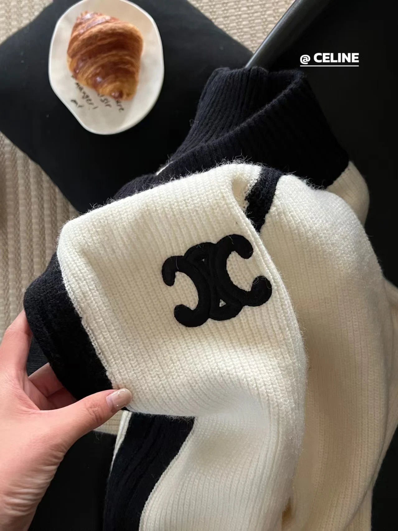 Celine CC Logo Ribbed Knit Zip-Up Sweater Beige and Black - 7