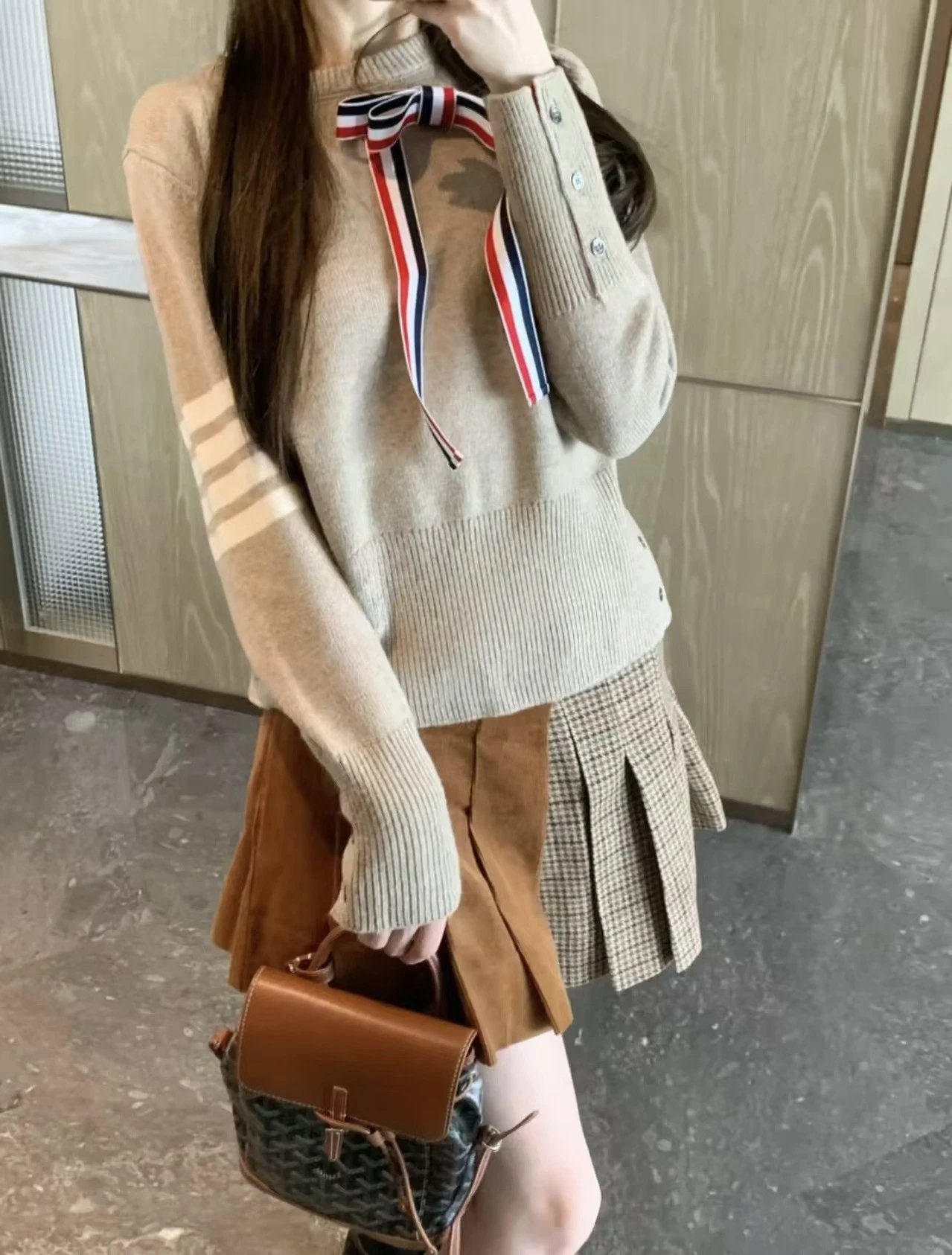 Thom Browne Red Ribbed Knit Sweater with Striped Bow and Four-Bar Cuff - 5