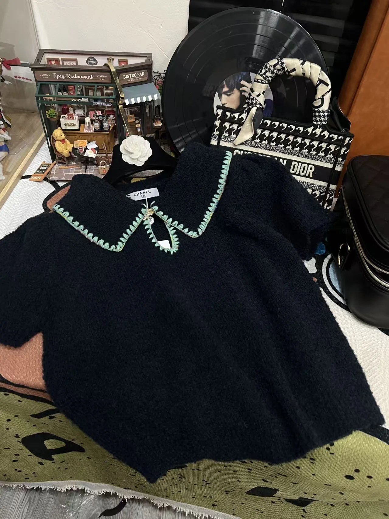 Chanel Tweed-Style Knit Polo in Navy and Ivory with Embroidered Collar - 4