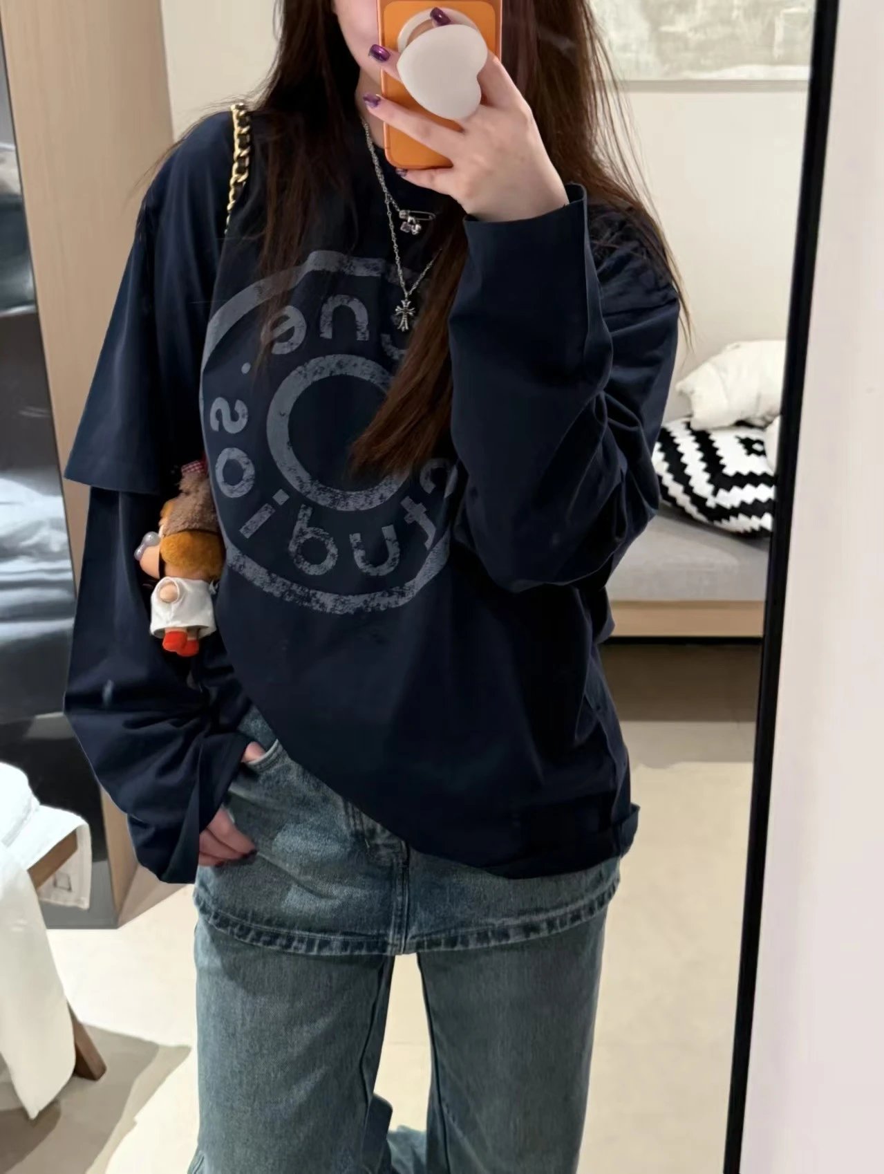 GRA Graphic Print Oversized T-Shirt Navy - 6