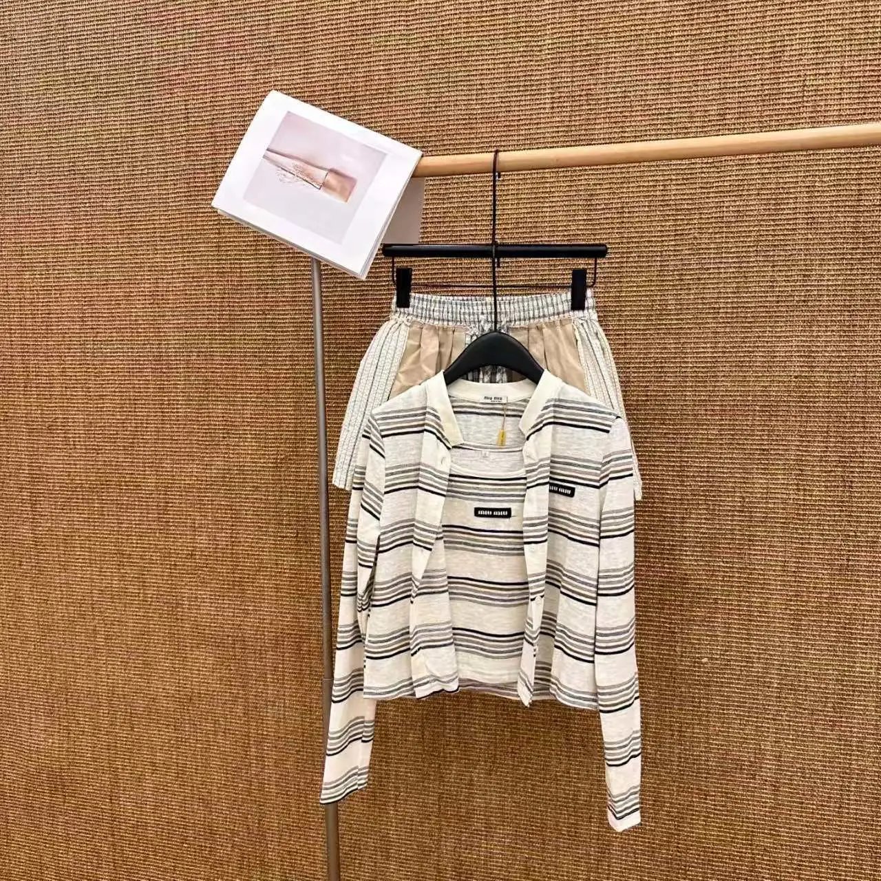 Miu Miu Striped Knit Polo Shirt and Plaid Pleated Shorts Set - 4