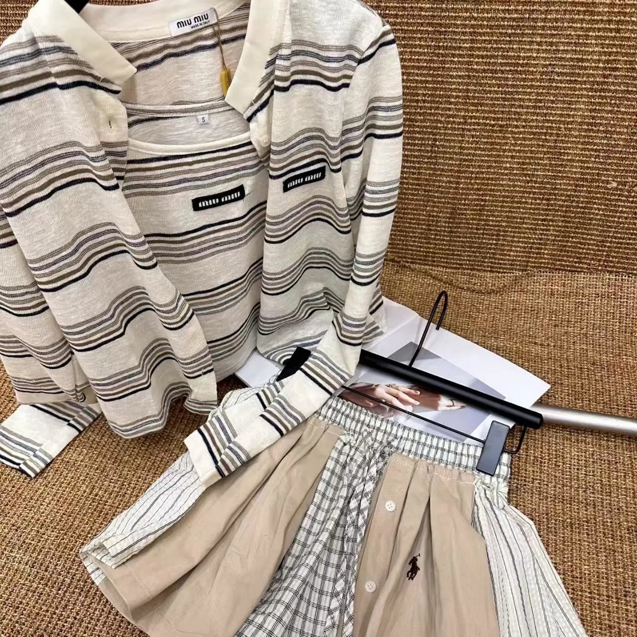 Miu Miu Striped Knit Polo Shirt and Plaid Pleated Shorts Set - 10