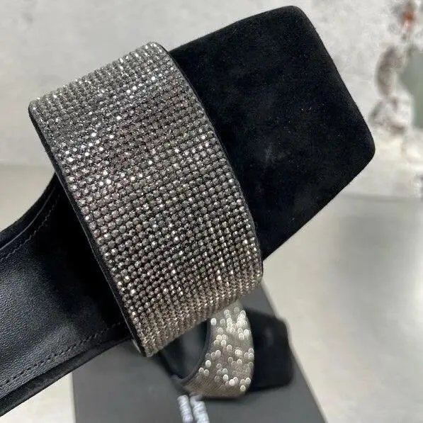 Black Crystal-Embellished Square-Toe Mule Heels - 6