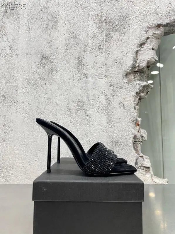 Black Crystal-Embellished Square-Toe Mule Heels - 7
