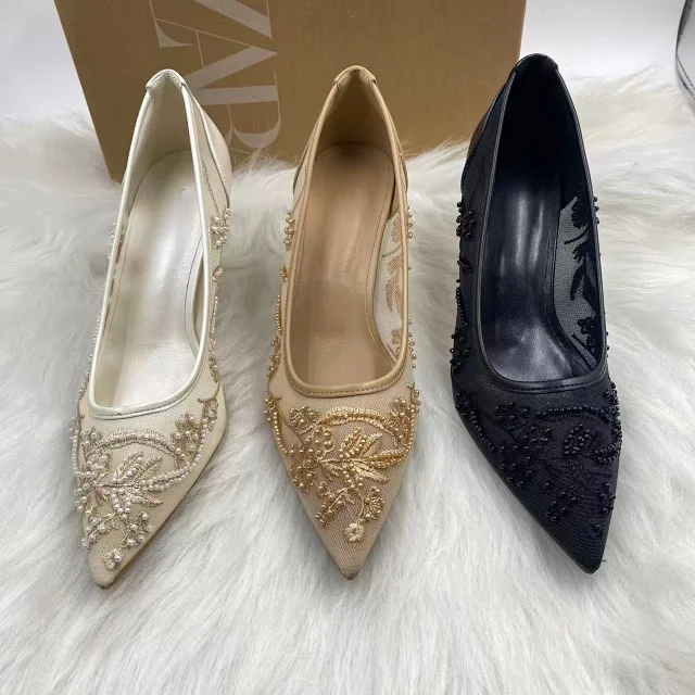 Zara High Heels Pointed-Toe Mesh Embroidered Pearl Pumps product detail image 2