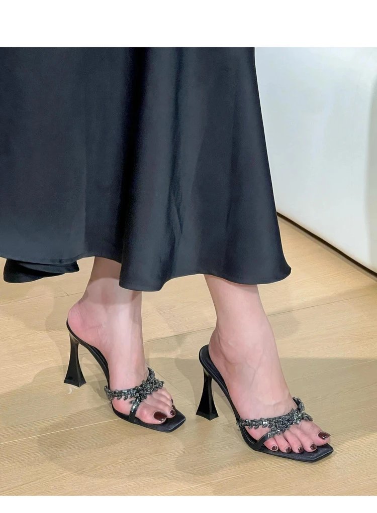 Black Crystal-Embellished Square-Toe Mule Heels - 10