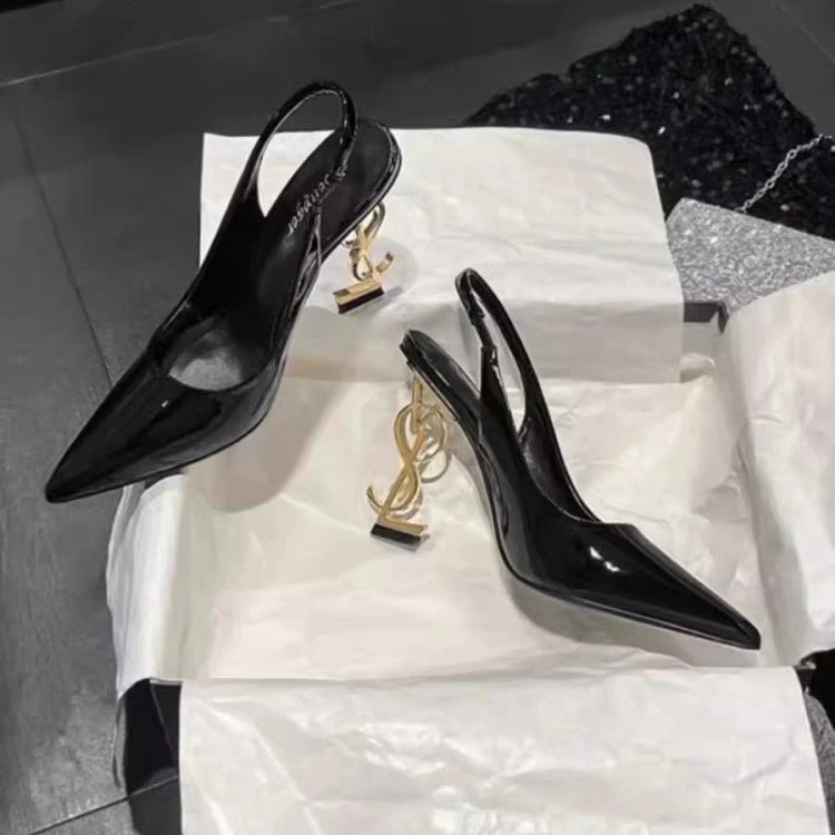 Saint Laurent High Heels Patent pointed-toe slingback with gold monogram image 2