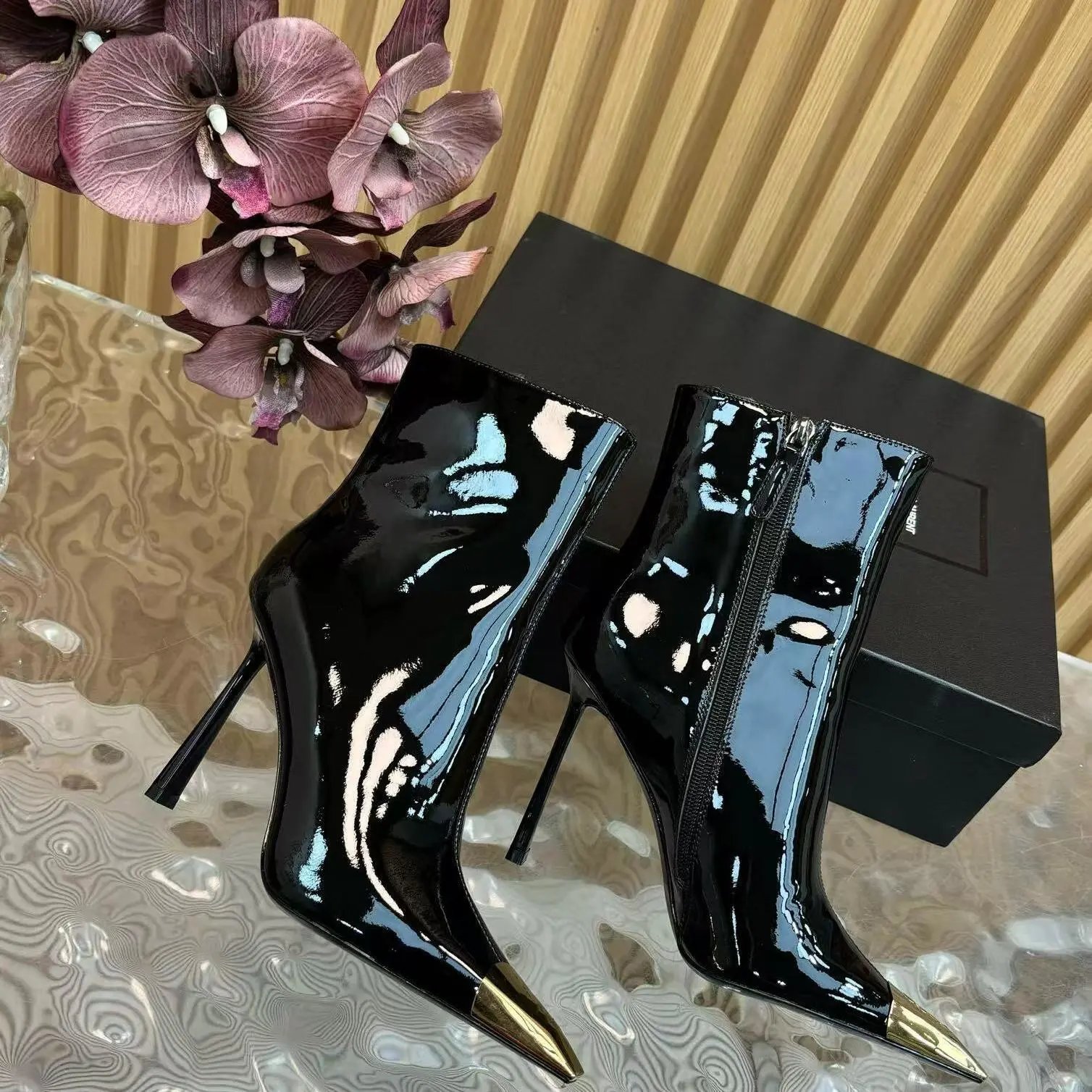 Saint Laurent Boots Ankle with gold-tone pointed toe caps and stiletto heels image 4