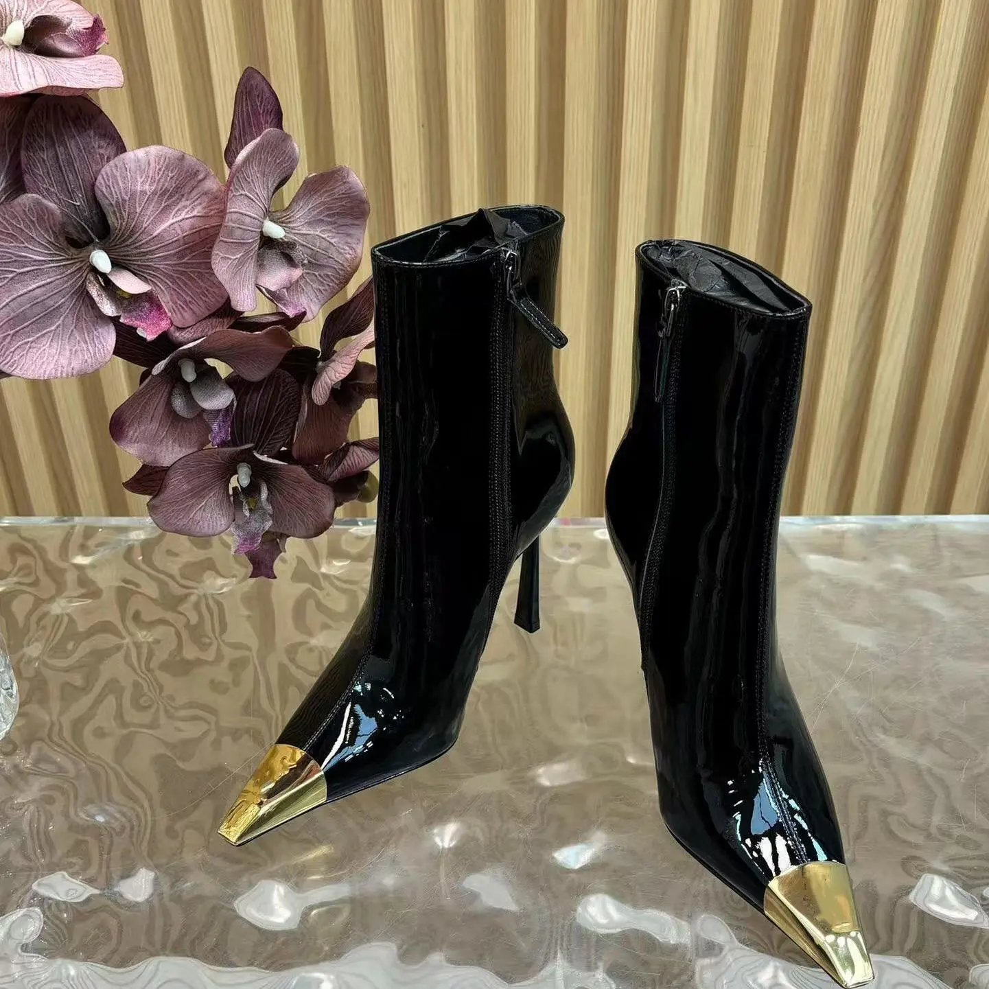 Saint Laurent Paris Opyum Ankle Boots Black with Gold Toe Cap - 4