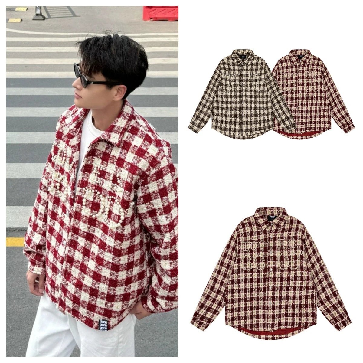 GRA Love Is Good Pearl-Embroidered Plaid Shirt Blue Beige - 3