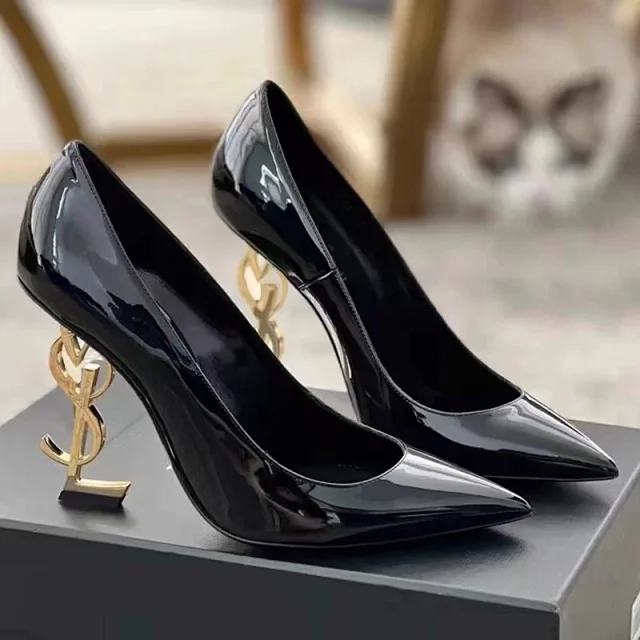 Saint Laurent High Heels Pointed-Toe Patent Pumps with YSL Monogram Heel product detail image 5