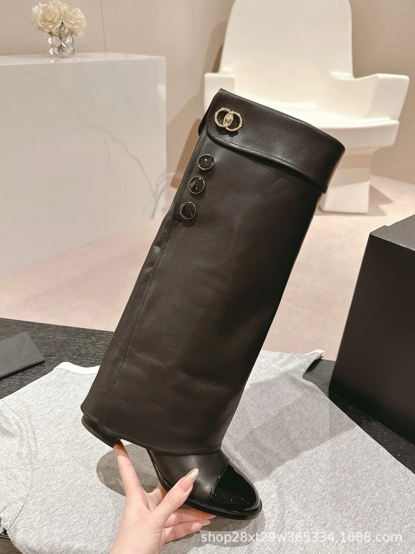 Chanel Classic Buttoned Knee-High Boot Beige and Black Patent Leather Boots - 10