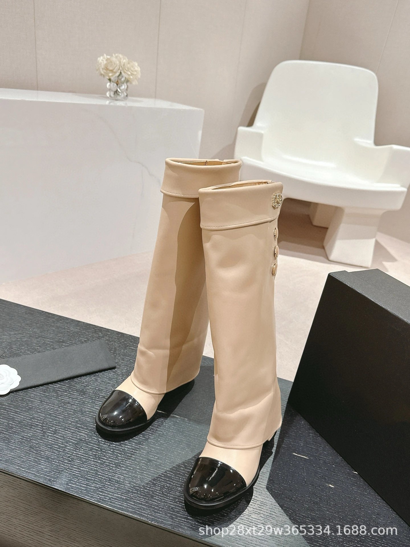Chanel Classic Buttoned Knee-High Boot Beige and Black Patent Leather Boots - 9