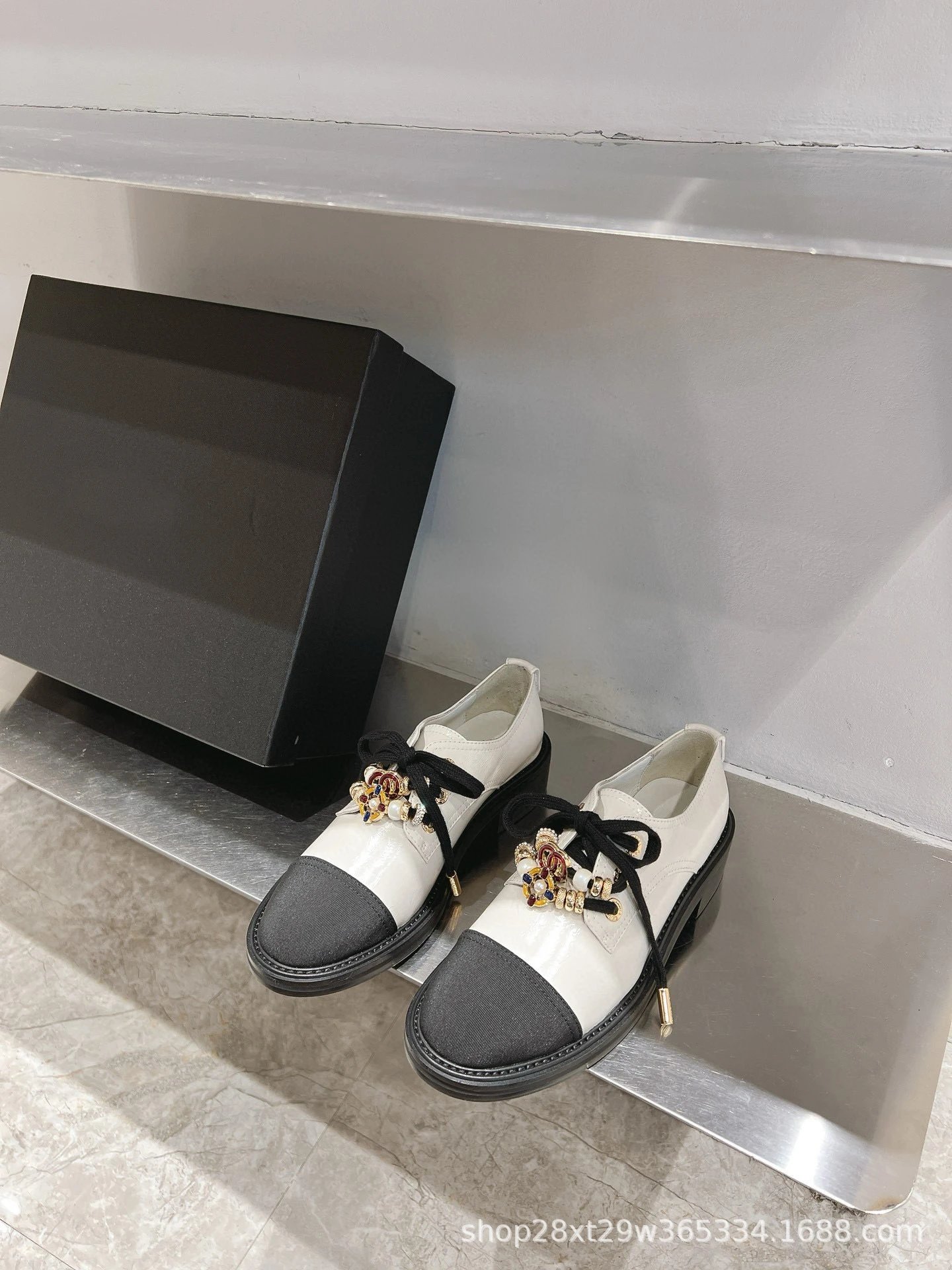 Chanel-inspired Two-Tone Derby Shoes with Crystal Embellished Bow White/Black Leather Shoes