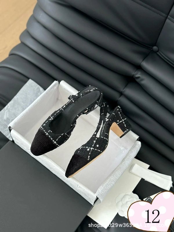 Chanel-inspired Tweed Slingback Block Heels Pink Tip - 13